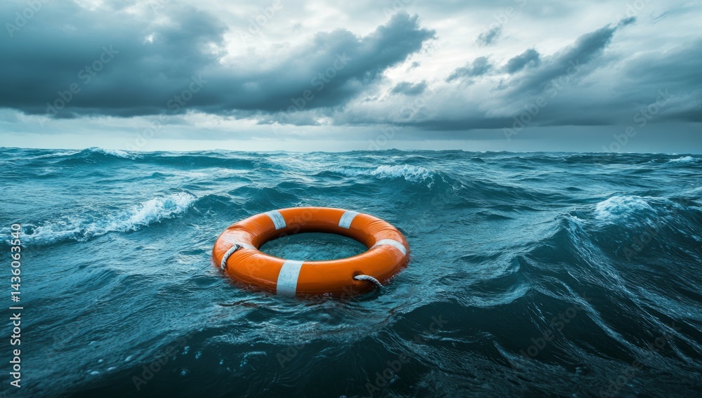 In turbulent ocean waters, a life preserver floats amidst churning waves and ominous dark clouds, symbolizing the precarious nature of safety at sea