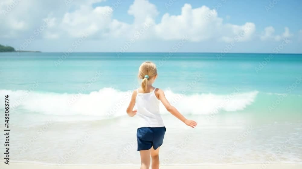 Child Enjoying Summer Day at Tranquil Beach with Clear Blue Water Child Enjoying Summer Day at Tranquil Beach with Clear Blue Water