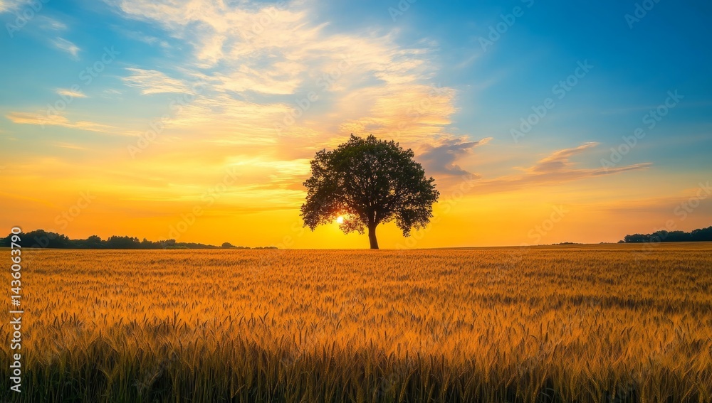 A towering tree stands alone in a vast field of golden wheat during sunset, casting long shadows while the sun bathes the landscape in warm light, evoking tranquility amidst nature
