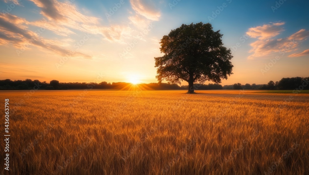 A solitary tree stands in an open field of golden wheat as the sun sets, casting long shadows and creating a serene atmosphere that invites relaxation in nature's glow