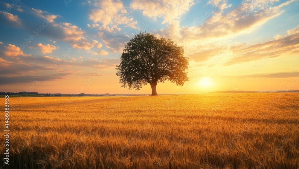A tree rises majestically in an open field surrounded by golden wheat as the sun sets, casting warm light and long shadows that evoke tranquility in nature's embrace
