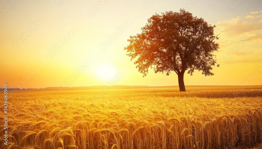 A tall tree stands alone in a vast wheat field as the sun sets, casting warm light over the golden stalks. The sky is adorned with gentle pastel colors, evoking a peaceful atmosphere
