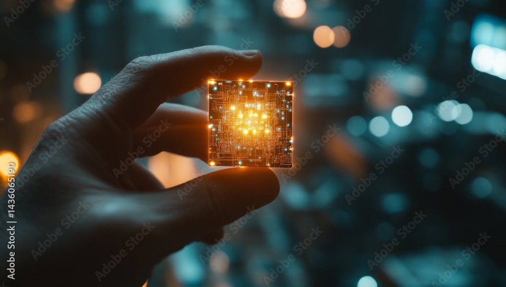A hand grips a glowing AI chip, symbolizing the fusion of artificial intelligence with technology and business. The vibrant chip highlights the emphasis on innovation