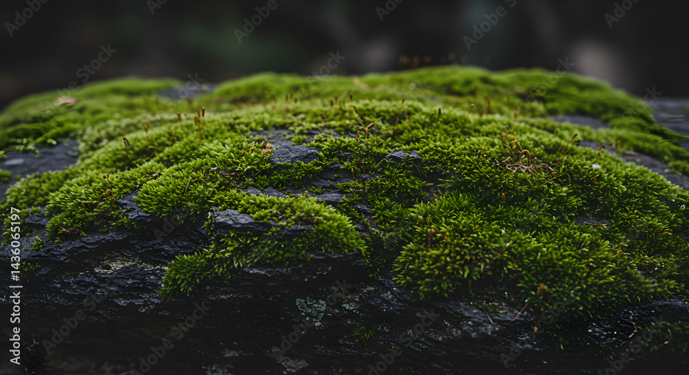 Lush Green Moss Thriving On Weathered Rock Surface In Natural Habitat Lush Green Moss Thriving On Weathered Rock Surface In Natural Habitat