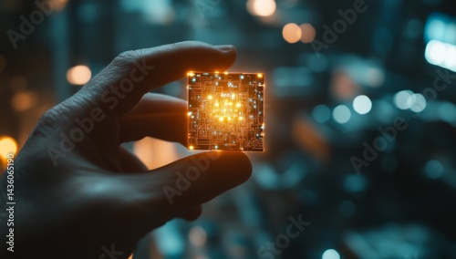 Obraz na płótnie A hand grips a glowing AI chip, symbolizing the fusion of artificial intelligence with technology and business. The vibrant chip highlights the emphasis on innovation w salonie