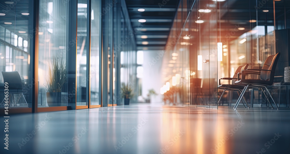 Modern office hallway with reflective tiled floor and warm ambient lighting Modern office hallway with reflective tiled floor and warm ambient lighting