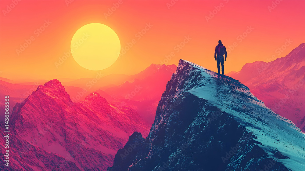 Fototapeta premium A vibrant, colorful mountaintop view with a solitary figure.