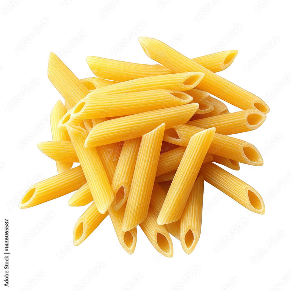 pile of uncooked penne pasta. showcasing its distinctive tubular shape and ridged surface the pasta is vibrant yellow. indicating its durum wheat composition. and is often used in various italian dish pile of uncooked penne pasta. showcasing its distinctive tubular shape and ridged surface the pasta is vibrant yellow. indicating its durum wheat composition. and is often used in various italian dish