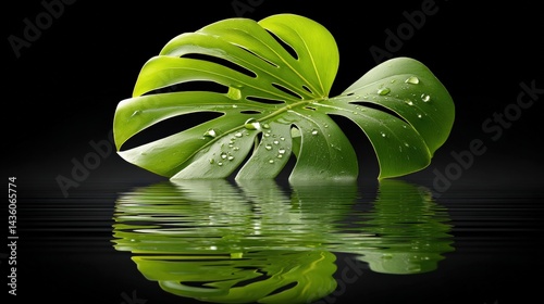 Lush Green Monstera Leaf with Water Droplets on Black Background
