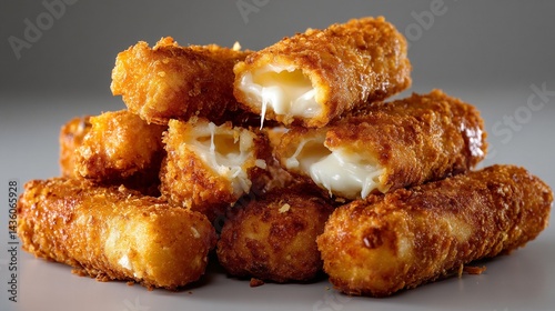 Golden fried sticks of gooey cheese with stringy cheese pull, stacked high on a surface.