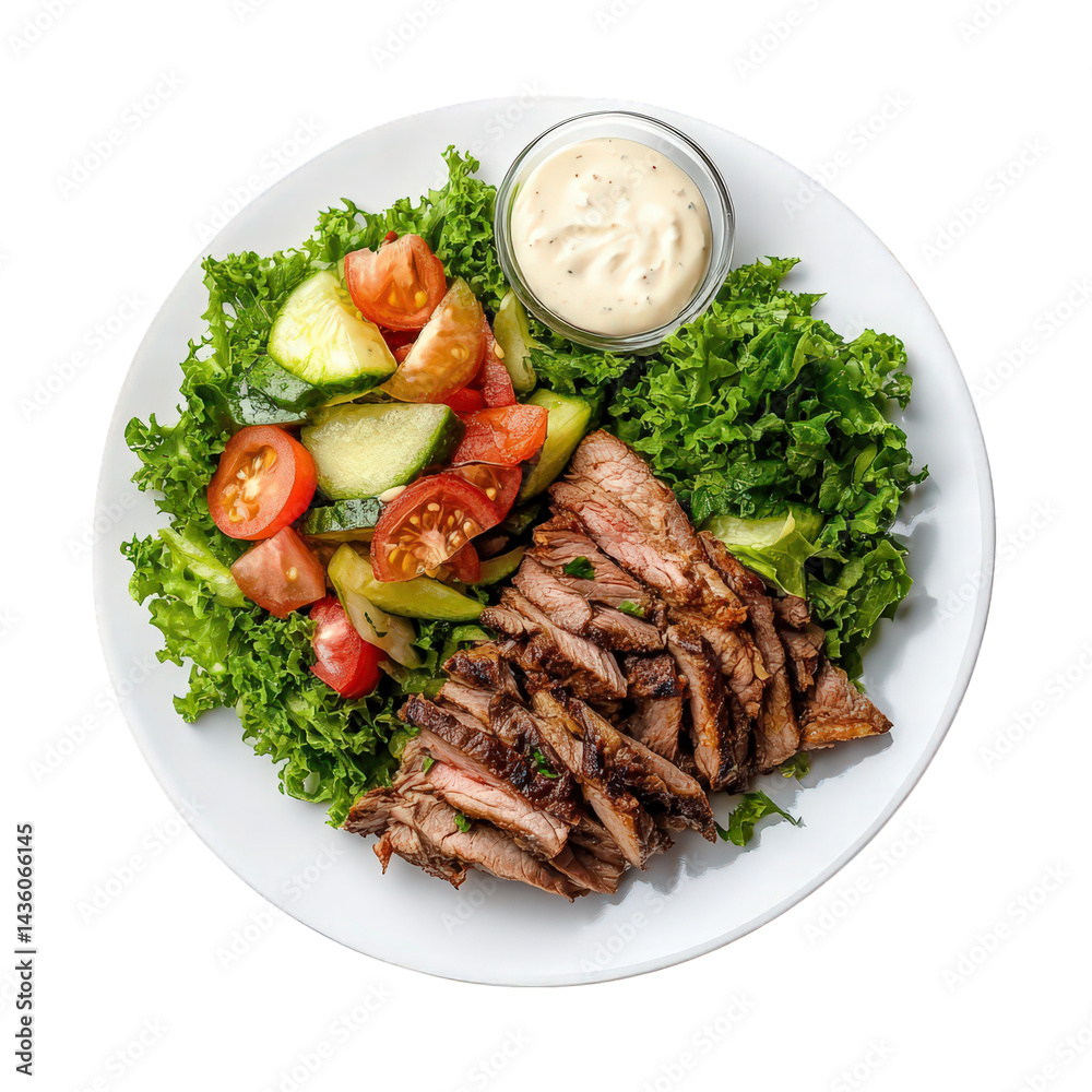 a plated meal featuring sliced grilled meat accompanied by a fresh salad of mixed vegetables. including tomatoes and cucumbers. on a bed of leafy greens a small bowl of creamy dressing is included. em a plated meal featuring sliced grilled meat accompanied by a fresh salad of mixed vegetables. including tomatoes and cucumbers. on a bed of leafy greens a small bowl of creamy dressing is included. em