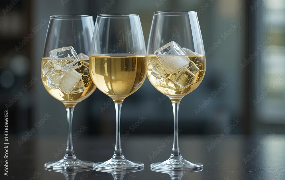 Two wine glasses filled with white wine and ice, with a bottle of white wine and a bowl of ice in the background