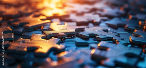 Metallic jigsaw pieces glinting a puzzle incomplete