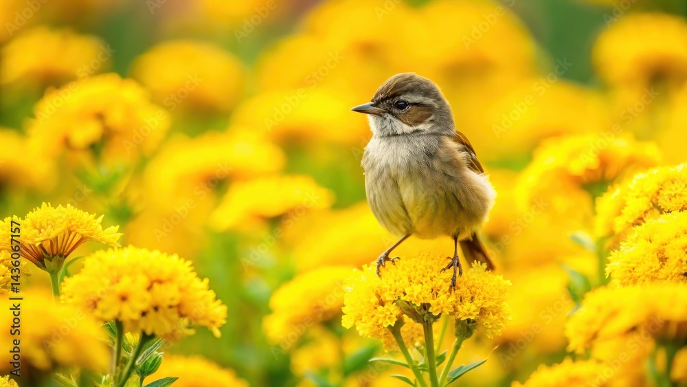 Obraz premium Small bird sitting on a flower stem amidst yellow blooms in a lush green garden setting #birdonflower, garden scenery, flower stem