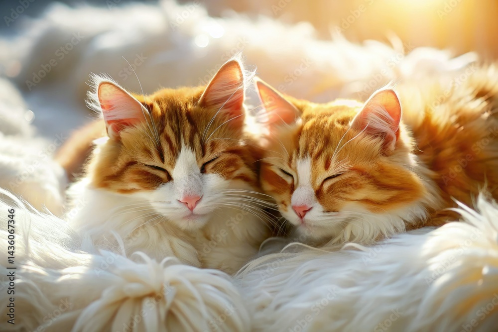 Obraz premium Fluffy Cats Cuddling, Long Hair, White Blanket, Sleeping, Cozy, Dreamy Pet Photo