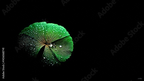 Close-Up of Green Leaf with Water Droplets on Black Background