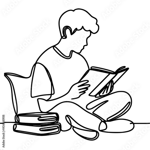 Boy reading a book while sitting on the floor with books around  