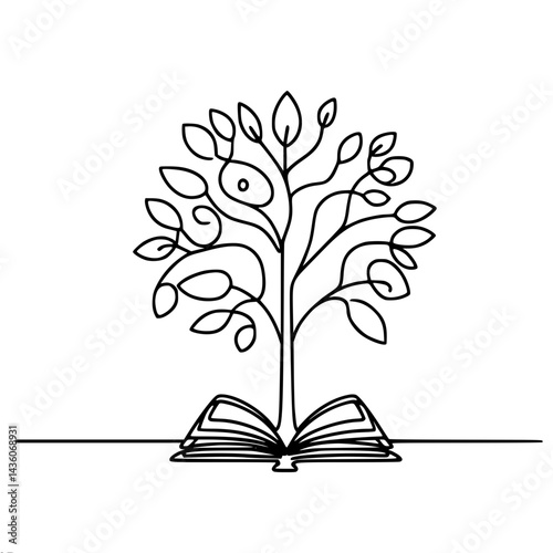 Tree of knowledge growing from an open book, in line art technique