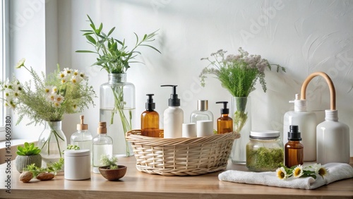 A Serene Bathroom Setting with Natural Elements and Skincare Products in a Wicker Basket
