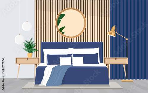 Modern dark blue bedroom with parquet wood floor, blue bed, nightstands with plants, pendant light, mirror and floor lamp.