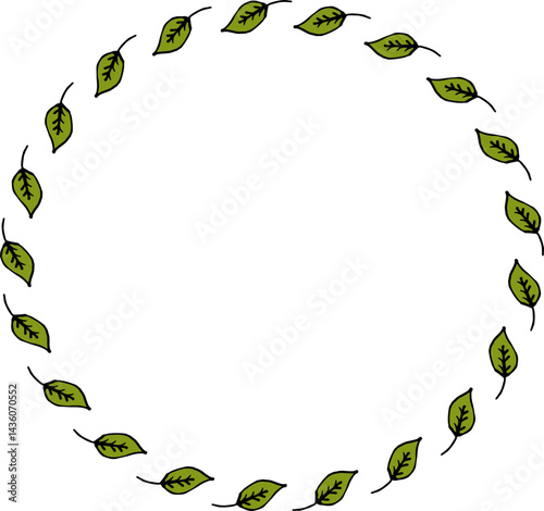 Round frame with pleasant spring green leaves on white background.eps