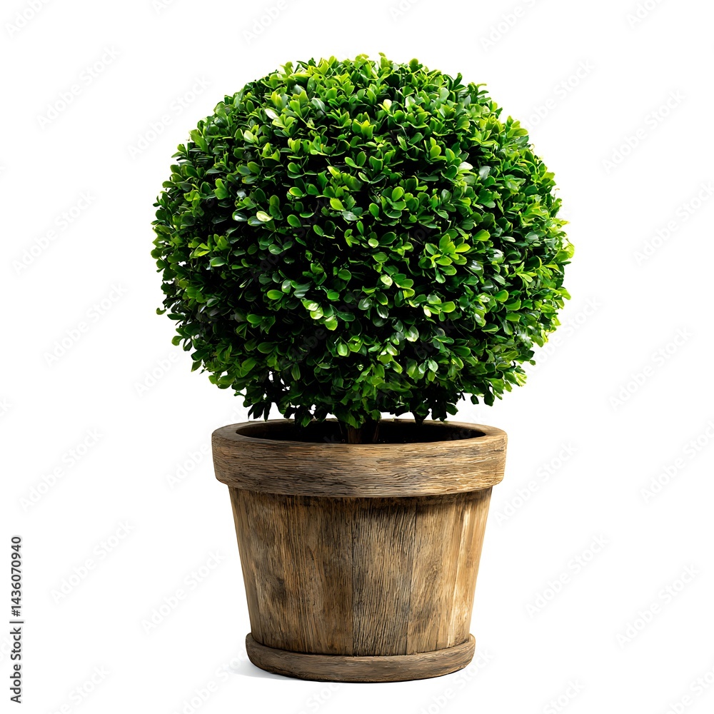 A boxwood topiary shaped into a round ball, planted in a rustic-style pot. The image is isolated on a clean white background A boxwood topiary shaped into a round ball, planted in a rustic-style pot. The image is isolated on a clean white background