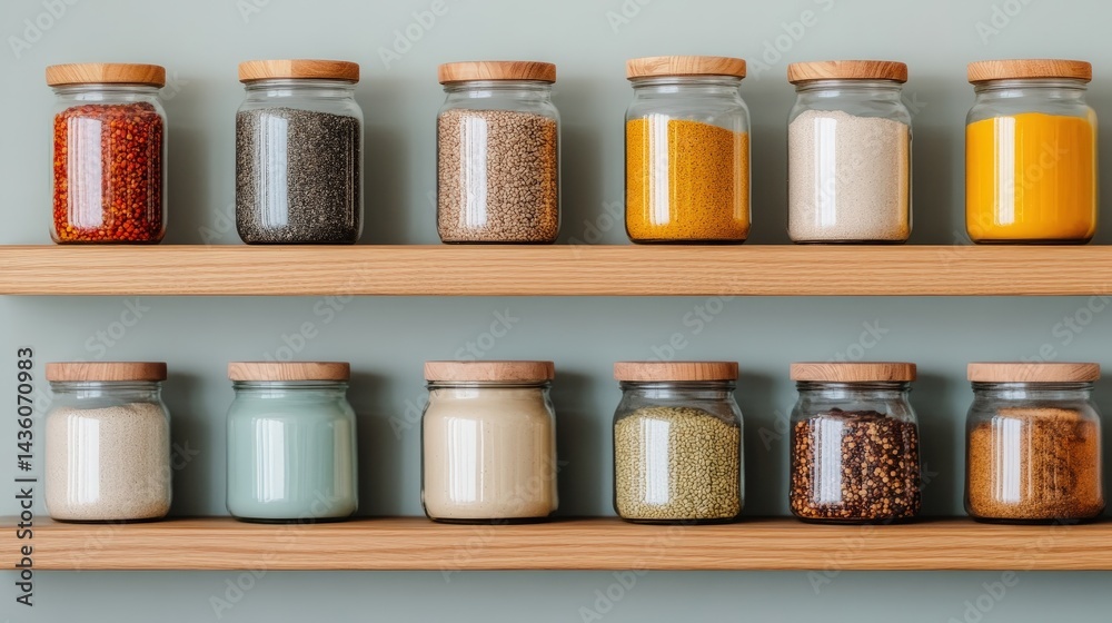 Wooden Shelves Filled with Labeled Jars for Organizing Dry Goods and Ingredients in a Stylish Modern Kitchen Setting Wooden Shelves Filled with Labeled Jars for Organizing Dry Goods and Ingredients in a Stylish Modern Kitchen Setting