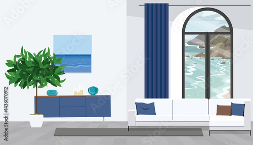 Grey corner sofa in fashionable living room interior