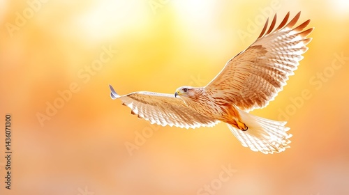 A majestic hawk in flight, wings spread wide against a warm, golden sunrise or sunset backdrop