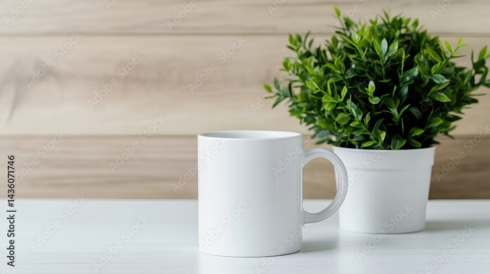Blank white mug on a white table with a small plant Blank white mug on a white table with a small plant