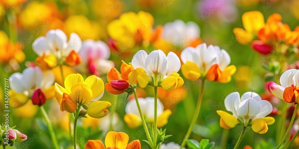 Fototapeta premium Close-up of vibrant birds foot trefoil flowers in full bloom with delicate white petals and yellow center , vibrant colors, wildflowers