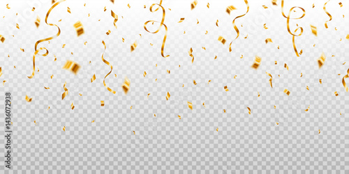 Beautiful celebration widescreen seamless party vector with golden falling confetti and ribbons on transparent background.