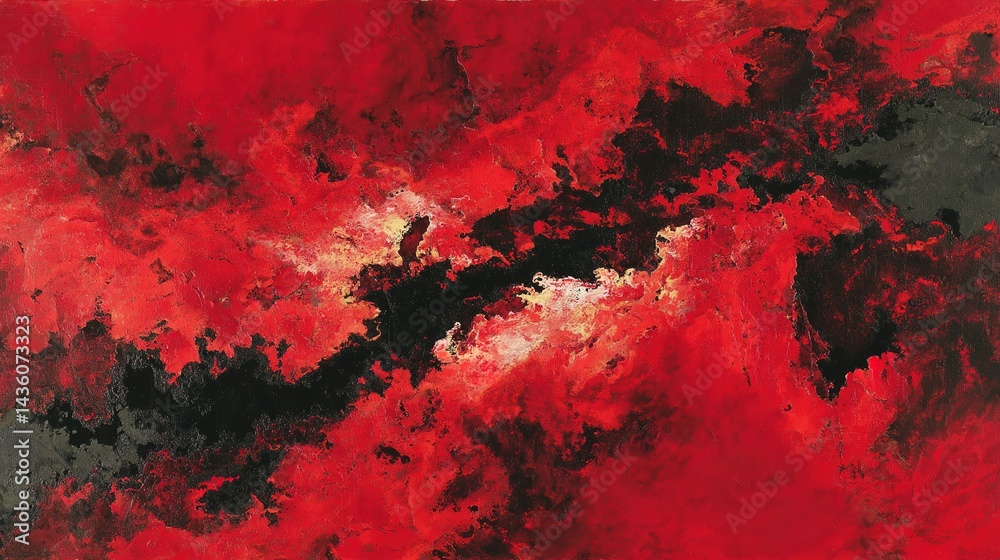 Abstract painting featuring intense red and black hues.