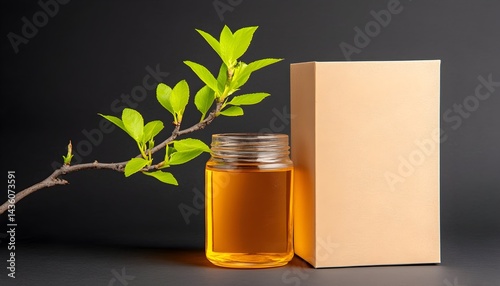 Wallpaper Mural Golden liquid in glass jar beside beige box & sprig Torontodigital.ca