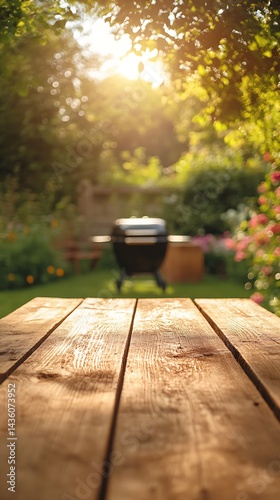 Rustic Wooden Table Surface with Grill in Garden, Summer Sunlight and Nature View