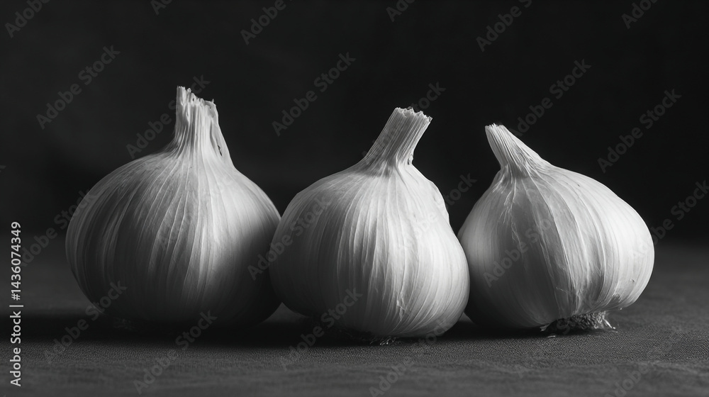 Obraz premium Black and white garlic bulbs still life photography for food blog and healthy recipe content creation