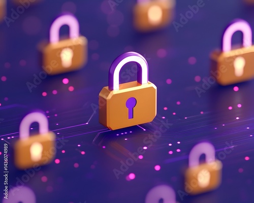 Golden padlocks on a purple circuit board, symbolizing digital security and data protection