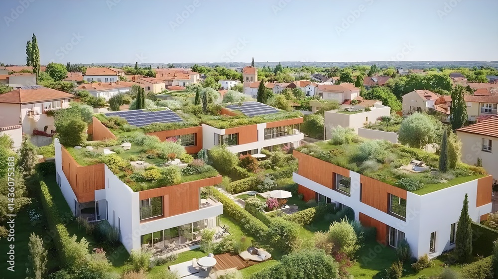 Obraz premium Modern Apartment Complex with Green Roofs and Solar Panels