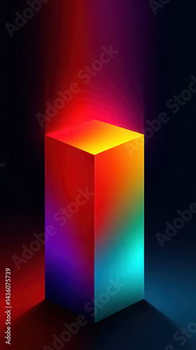 A vividly colored prism cube with spectral gradients glows brightly against a dark background, casting light and shadow emphasizing its geometric form and vibrancy.