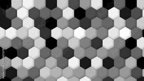 Black, white, and gray colorful abstract honeycomb pattern for technology background. Hexagonal shapes, dark gray and black, interconnected honeycomb pattern for design background. 