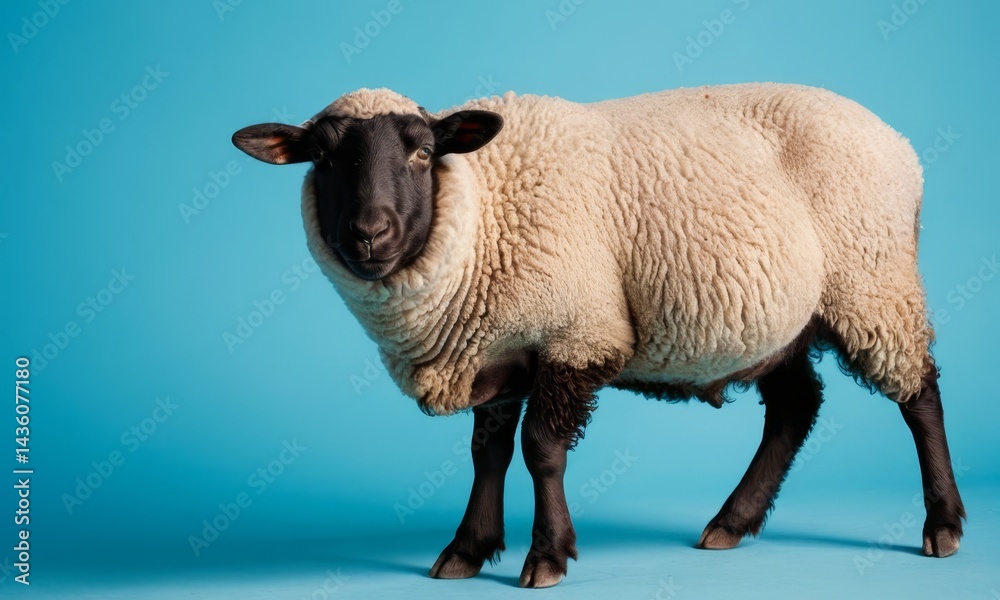 Naklejka premium Studio portrait of a striking sheep with contrasting features on a blue backdrop