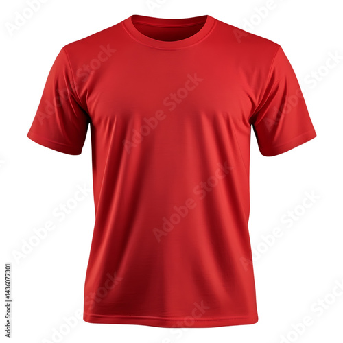 Red t shirt apparel clothing fashion garment casual style short sleeve crew neck top basic wear outfit isolated on a transparent background.