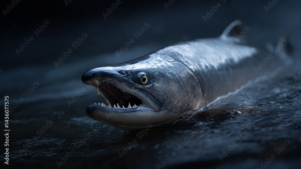 Fototapeta premium Aggressive salmon fish swimming in dark water with open mouth and sharp teeth close up wildlife photography