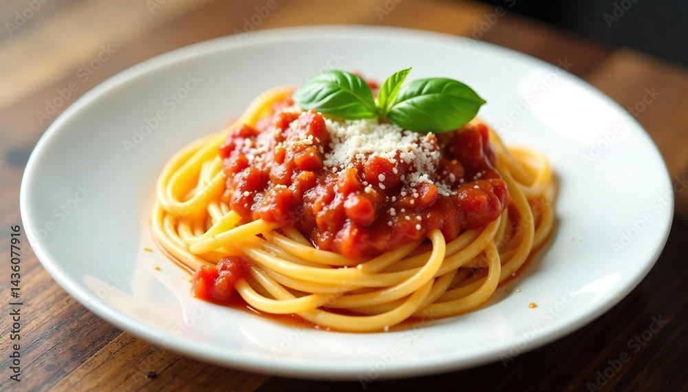 Plate of pasta with tomato sauce, parmesan cheese, basil leaf on white , recipe, fettuccine, cooking Plate of pasta with tomato sauce, parmesan cheese, basil leaf on white , recipe, fettuccine, cooking