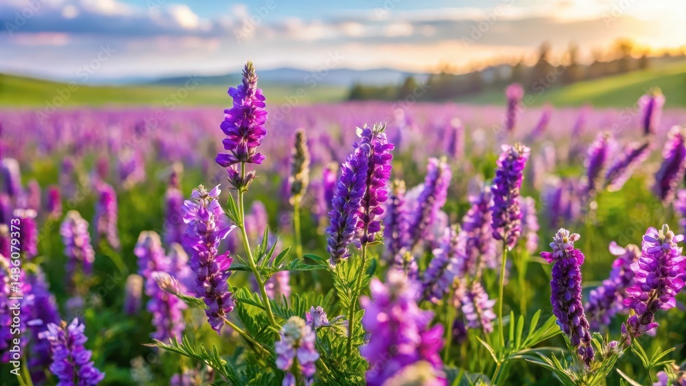Obraz premium Field of Mongolian milkvetch with purple flowers and green leaves in a sunny meadow, meadow flora, nature