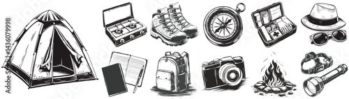 Hiking and camping equipment set vector with boots compass backpack and stove