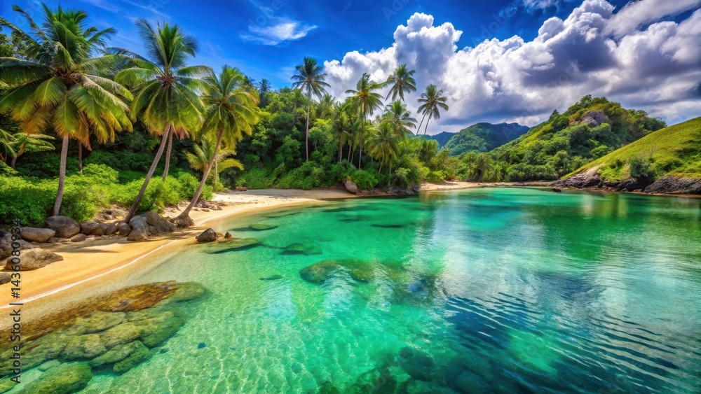 Obraz premium Crystal clear turquoise waters meet golden sandy shores in a secluded cove surrounded by lush green hills and swaying palm trees, seclusion, scenic landscape