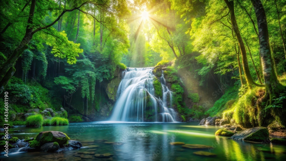 Obraz premium waterfall in lush green forest with sunlight filtering through trees, peaceful, environment, peaceful