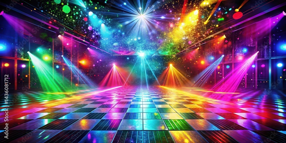 Fototapeta premium Vibrant disco dancefloor with colorful moving splash effects, nightclub ambiance, party atmosphere