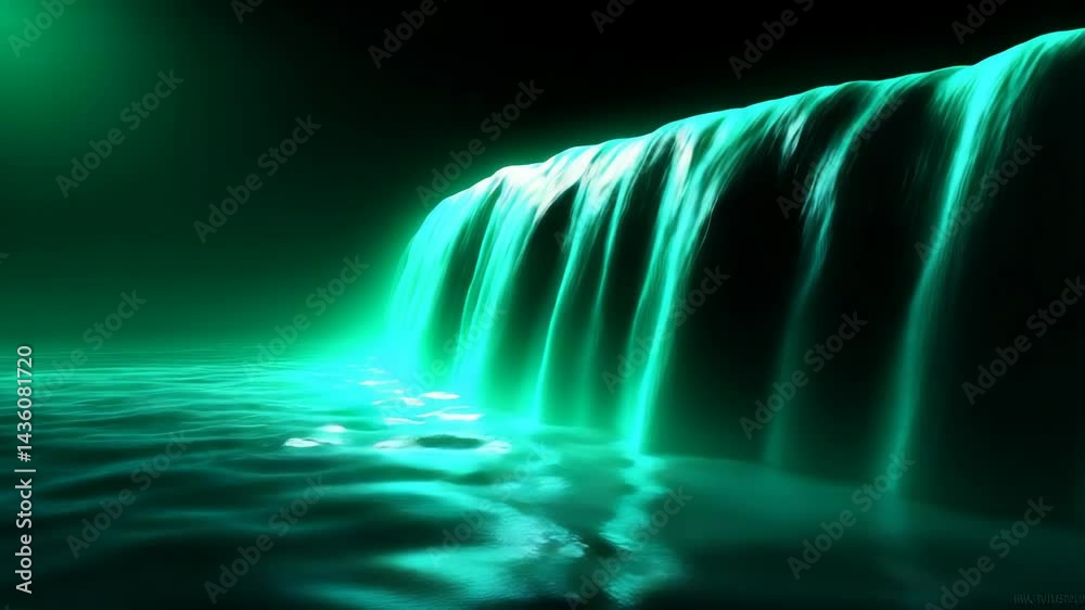 Abstract luminous turquoise waterfall flowing into a rippling pool of water against a dark background, creating a serene and otherworldly ambiance